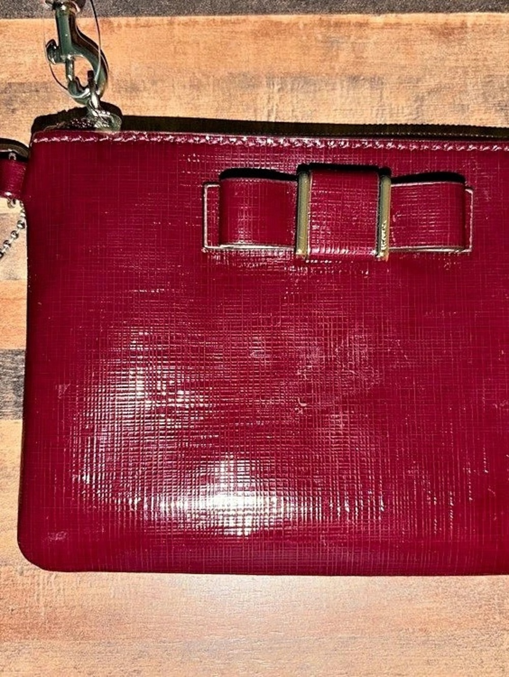 Coach Darcy Patent Bow Small Wristlet Burgundy